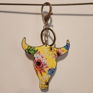 5” Yellow Faux Leather Floral Print Cow Bull Head Keychain